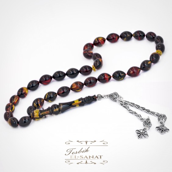 925 Ayar Gümüş Arpa Kesim Ateş Kırmızı ve Sarı Damla Kehribar Tesbih (7x11mm)