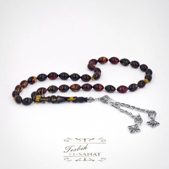 925 Ayar Gümüş Arpa Kesim Ateş Kırmızı ve Sarı Damla Kehribar Tesbih (7x11mm)