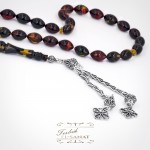 925 Ayar Gümüş Arpa Kesim Ateş Kırmızı ve Sarı Damla Kehribar Tesbih (7x11mm)