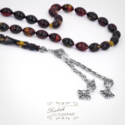 925 Ayar Gümüş Arpa Kesim Ateş Kırmızı ve Sarı Damla Kehribar Tesbih (7x11mm)