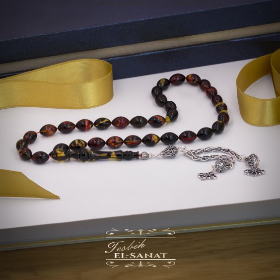 925 Ayar Gümüş Arpa Kesim Ateş Kırmızı ve Sarı Damla Kehribar Tesbih (7x11mm)