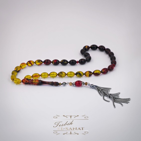 925 Ayar Gümüş Arpa Kesim Ateş Kırmızı ve Sarı Damla Kehribar Tesbih (7x11mm) 925 Ayar Gümüş Arpa Kesim Ateş Kırmızı ve Sarı Damla Kehribar Tesbih (7x11mm)