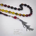 925 Ayar Gümüş Arpa Kesim Ateş Kırmızı ve Sarı Damla Kehribar Tesbih (7x11mm)