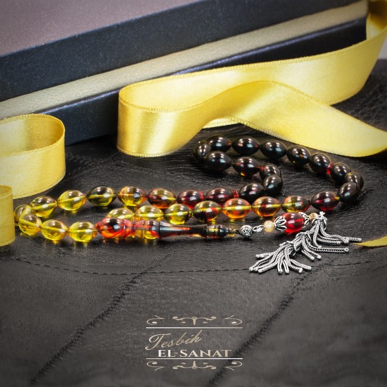 925 Ayar Gümüş Arpa Kesim Ateş Kırmızı ve Sarı Damla Kehribar Tesbih (7x11mm) 925 Ayar Gümüş Arpa Kesim Ateş Kırmızı ve Sarı Damla Kehribar Tesbih (7x11mm)