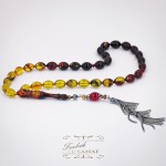 925 Ayar Gümüş Arpa Kesim Ateş Kırmızı ve Sarı Damla Kehribar Tesbih (7x11mm)