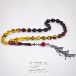 925 Ayar Gümüş Arpa Kesim Ateş Kırmızı ve Sarı Damla Kehribar Tesbih (7x11mm)