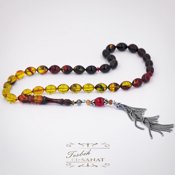 925 Ayar Gümüş Arpa Kesim Ateş Kırmızı ve Sarı Damla Kehribar Tesbih (7x11mm)