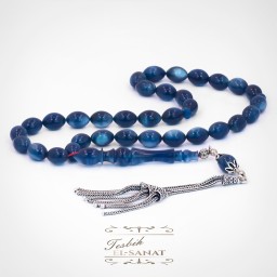 925 Ayar Gümüş Arpa Kesim Mavi Damla Kehribar Tesbih (7x11mm)