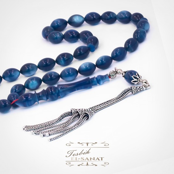 925 Ayar Gümüş Arpa Kesim Mavi Damla Kehribar Tesbih (7x11mm) 925 Ayar Gümüş Arpa Kesim Mavi Damla Kehribar Tesbih (7x11mm)