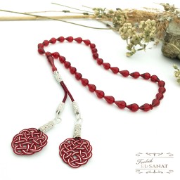 Kırmızı Damla Kehribar Kazaz Püsküllü Tesbih (7x11mm)   