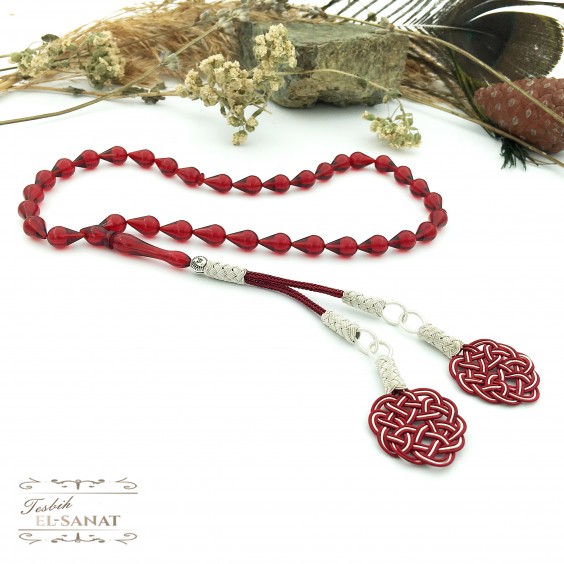 Kırmızı Damla Kehribar Kazaz Püsküllü Tesbih (7x11mm)   