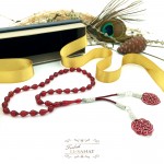 Kırmızı Damla Kehribar Kazaz Püsküllü Tesbih (7x11mm)   