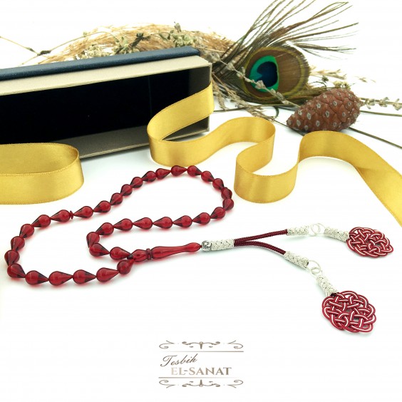 Kırmızı Damla Kehribar Kazaz Püsküllü Tesbih (7x11mm)   