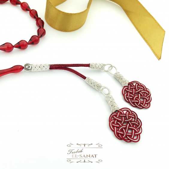 Kırmızı Damla Kehribar Kazaz Püsküllü Tesbih (7x11mm)   