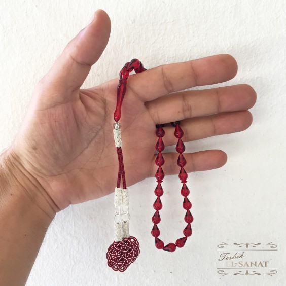 Kırmızı Damla Kehribar Kazaz Püsküllü Tesbih (7x11mm)   