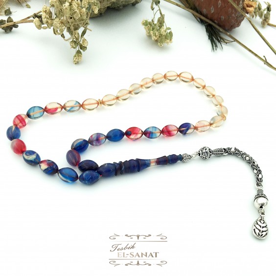 925 Ayar Gümüş Arpa Kesim Damla Kehribar Tesbih (7x11mm) 