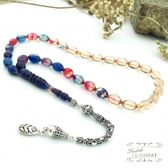 925 Ayar Gümüş Arpa Kesim Damla Kehribar Tesbih (7x11mm) 