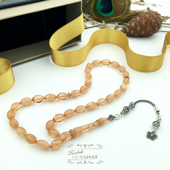 Arpa Kesim Damla Kehribar Gümüş Püsküllü Tesbih (7x11mm) 