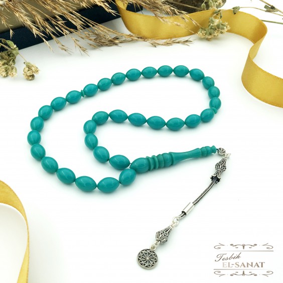 925 Ayar Gümüş Arpa Kesim Damla Kehribar Tesbih (7x11mm) 