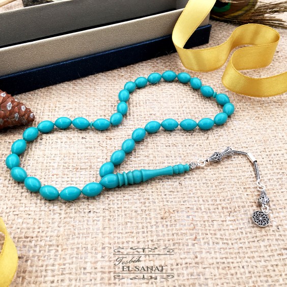 925 Ayar Gümüş Arpa Kesim Damla Kehribar Tesbih (7x11mm) 