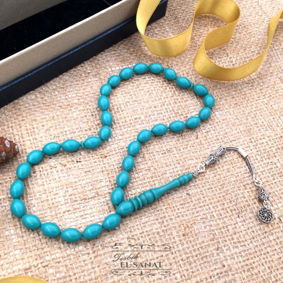 925 Ayar Gümüş Arpa Kesim Damla Kehribar Tesbih (7x11mm) 