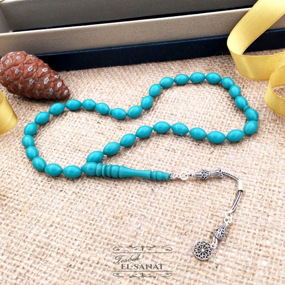 925 Ayar Gümüş Arpa Kesim Damla Kehribar Tesbih (7x11mm) 