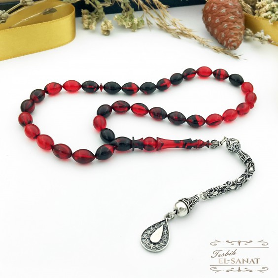 925 Ayar Gümüş Arpa Kesim Damla Kehribar Tesbih (7x11mm) 