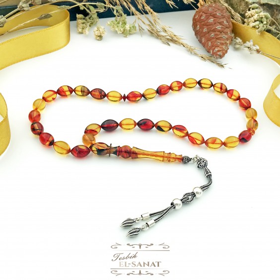 925 Ayar Gümüş Arpa Kesim Damla Kehribar Tesbih (7x11mm) 