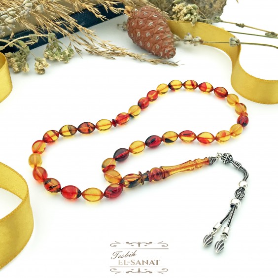 925 Ayar Gümüş Arpa Kesim Damla Kehribar Tesbih (7x11mm) 