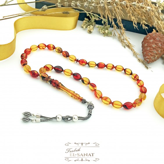 925 Ayar Gümüş Arpa Kesim Damla Kehribar Tesbih (7x11mm) 