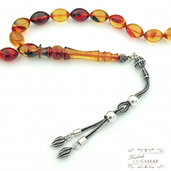 925 Ayar Gümüş Arpa Kesim Damla Kehribar Tesbih (7x11mm) 