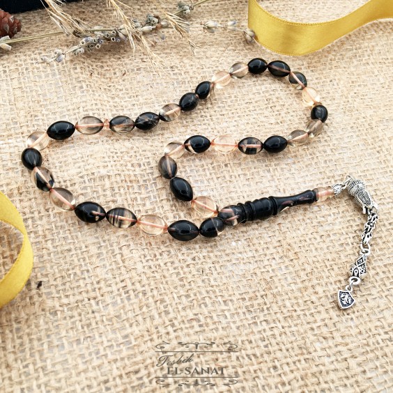 925 Ayar Gümüş Arpa Kesim Damla Kehribar Tesbih (7x11mm) 