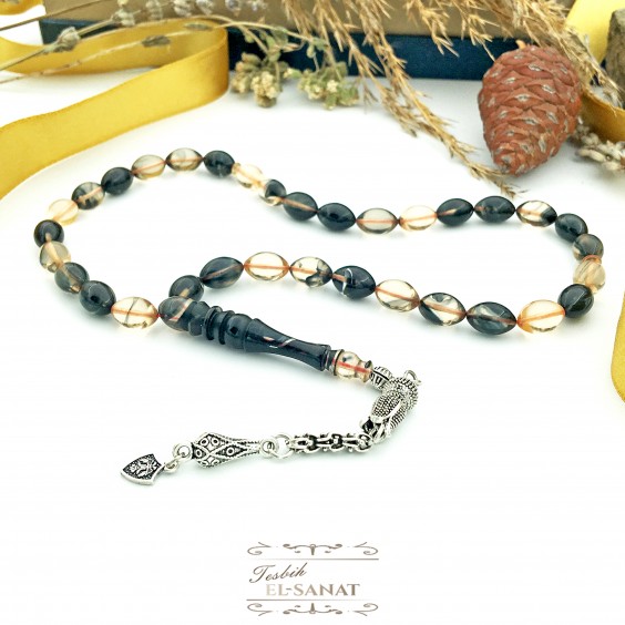 925 Ayar Gümüş Arpa Kesim Damla Kehribar Tesbih (7x11mm) 