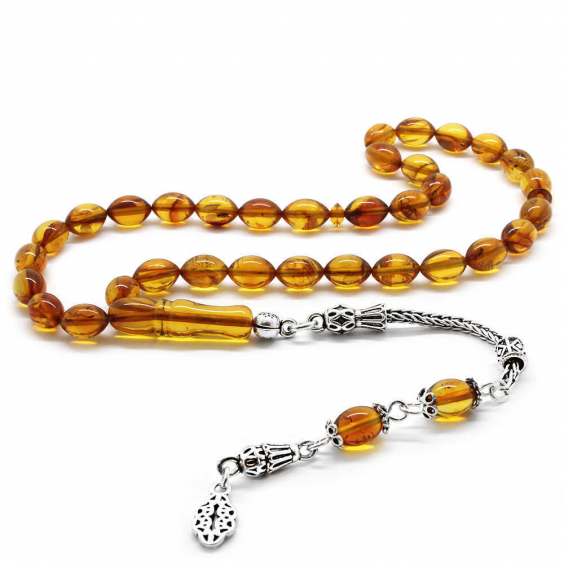 925 Ayar Gümüş Püsküllü Arpa Kesim  Sarı Damla Kehribar Tesbih (9x11mm)