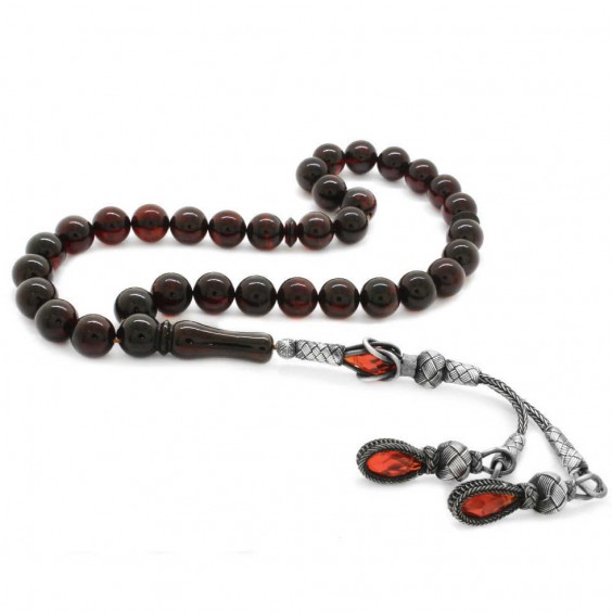 1000 Ayar Kazaz Püsküllü Küre Kesim Ateş Kırmızı Damla Kehribar Tesbih (10mm)