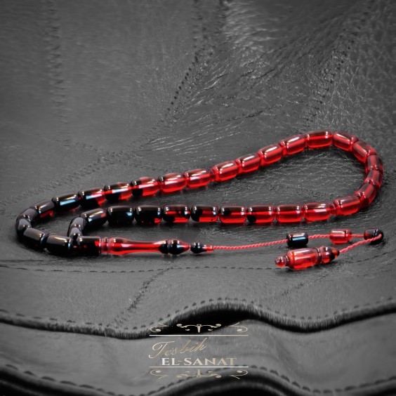 Kapsül Kesim Kırmızı-Siyah Damla Kehribar Usta İşi Sistemli Tesbih (7x11mm) Kapsül Kesim Kırmızı-Siyah Damla Kehribar Usta İşi Sistemli Tesbih (7x11mm)
