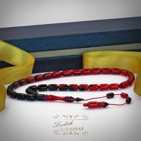 Kapsül Kesim Kırmızı-Siyah Damla Kehribar Usta İşi Sistemli Tesbih (7x11mm) Kapsül Kesim Kırmızı-Siyah Damla Kehribar Usta İşi Sistemli Tesbih (7x11mm)