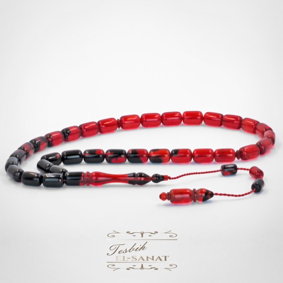 Kapsül Kesim Kırmızı-Siyah Damla Kehribar Usta İşi Sistemli Tesbih (7x11mm) Kapsül Kesim Kırmızı-Siyah Damla Kehribar Usta İşi Sistemli Tesbih (7x11mm)